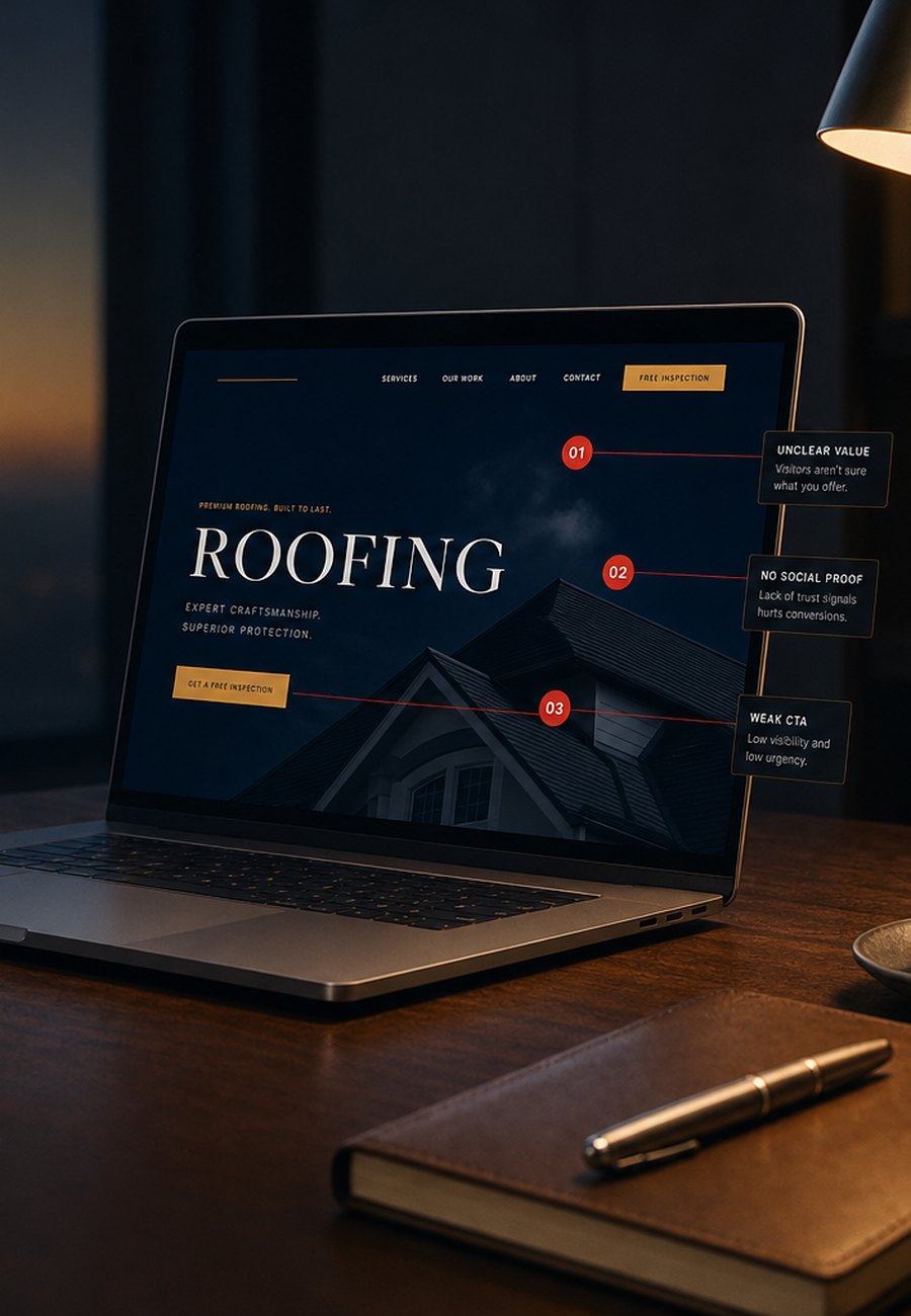 Annotated roofing landing page with three numbered conversion leaks: unclear value, no social proof, weak CTA